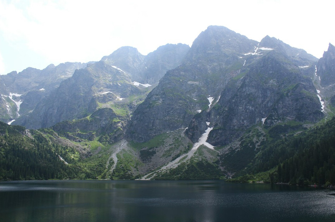 Tatra Mountains peaks above Morskie Oko lake in Poland